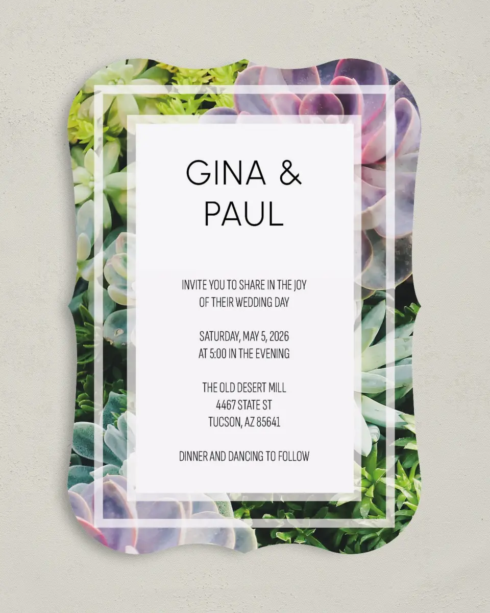 This is a 5" x 7" Bracket Wedding Invitation called Sophisticated Succulents printed in full color on Premium Smooth paper