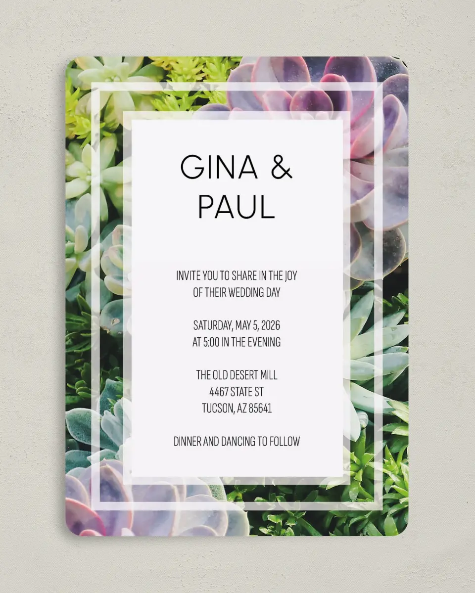 This is a 5" x 7" Rounded Wedding Invitation called Sophisticated Succulents printed in full color on Premium Smooth paper