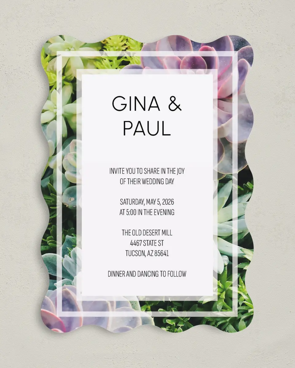 This is a 5" x 7" Wavy Wedding Invitation called Sophisticated Succulents printed in full color on Premium Smooth paper