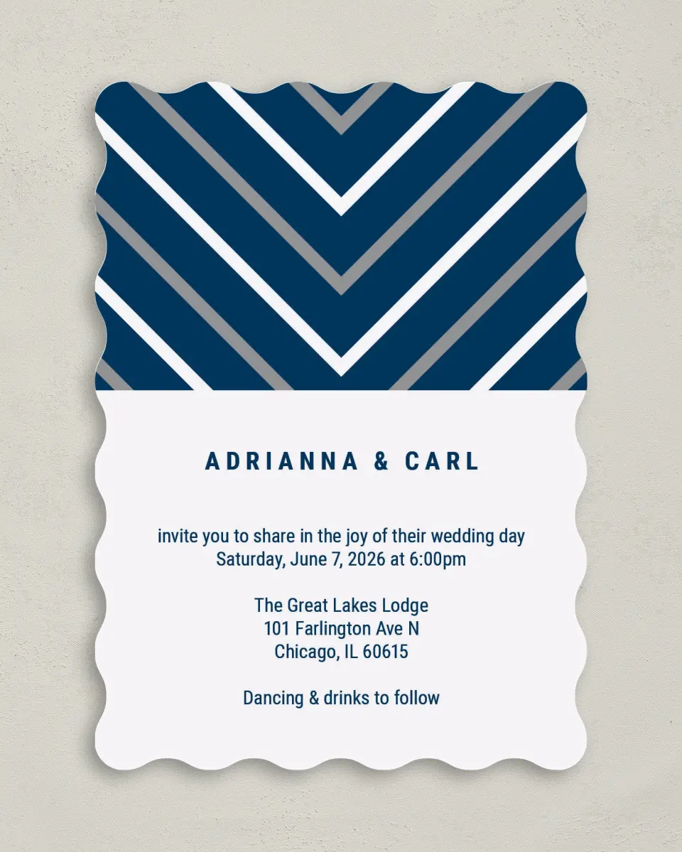 This is a 5" x 7" Wavy Wedding Invitation called Posh Chevron printed in full color on Premium Smooth paper