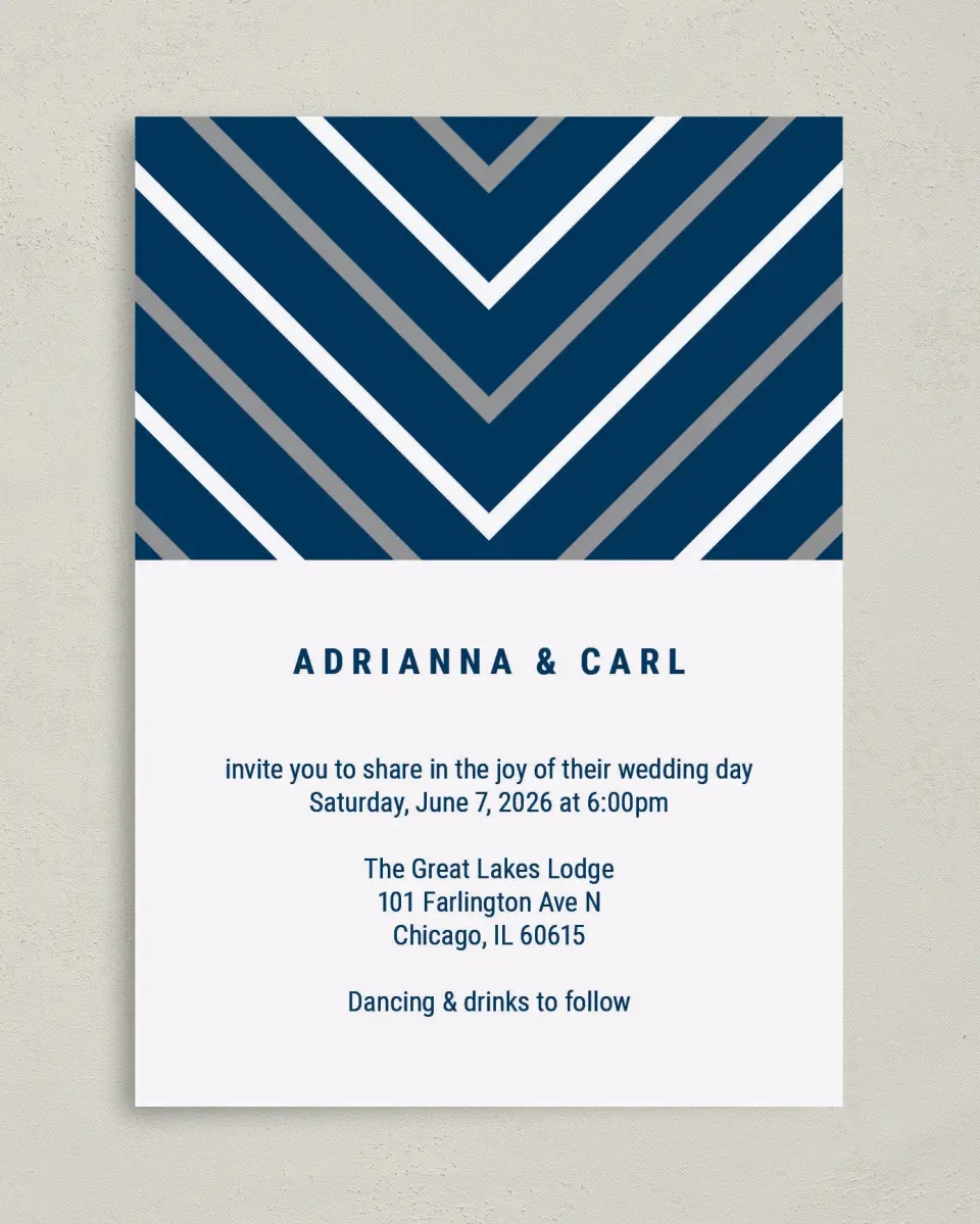 This is a 5" x 7" Classic Wedding Invitation called Posh Chevron printed in full color with Gold foil on Luxe Satin (coated) paper