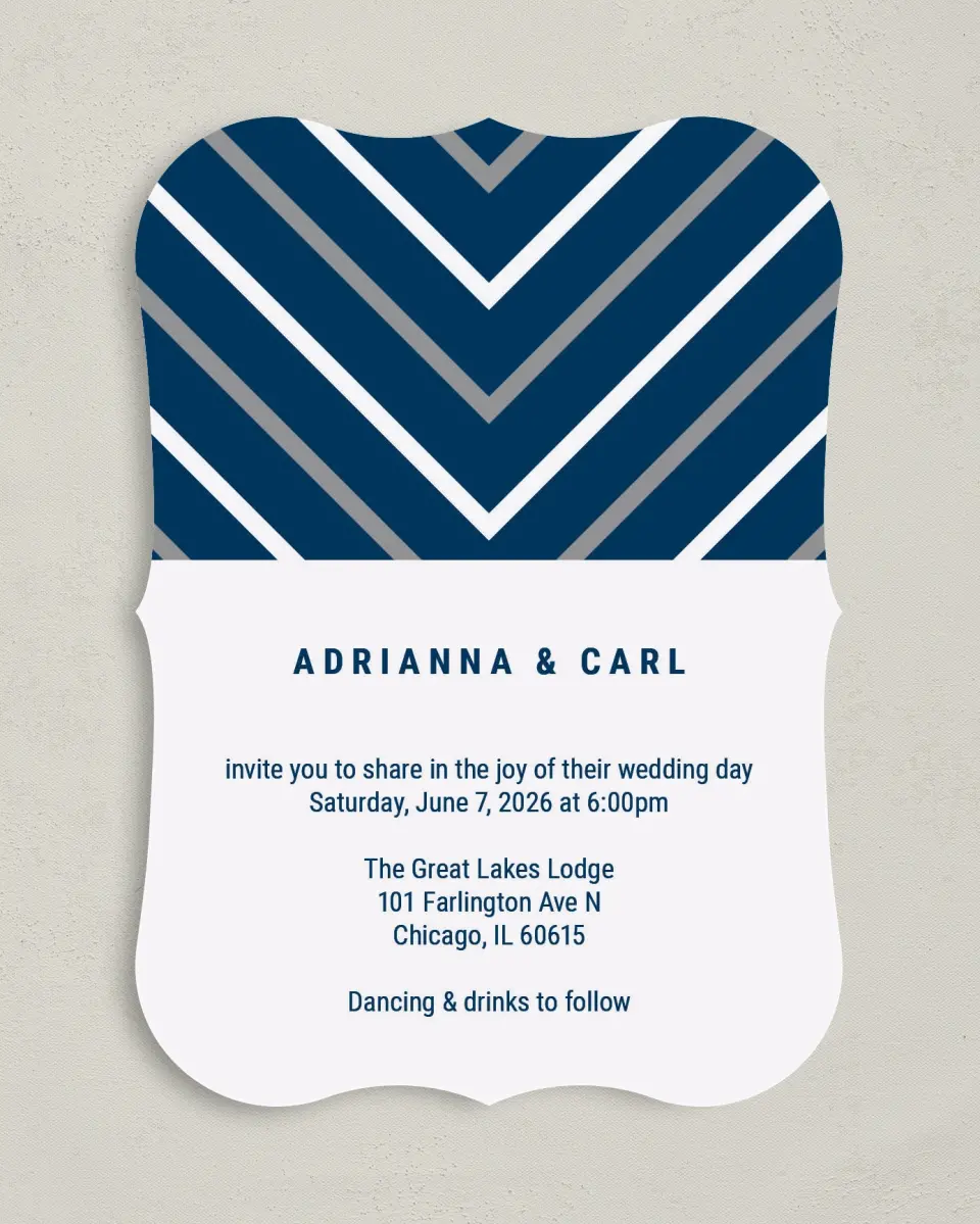 This is a 5" x 7" Bracket Wedding Invitation called Posh Chevron printed in full color with Silver foil on Luxe Satin (coated) paper