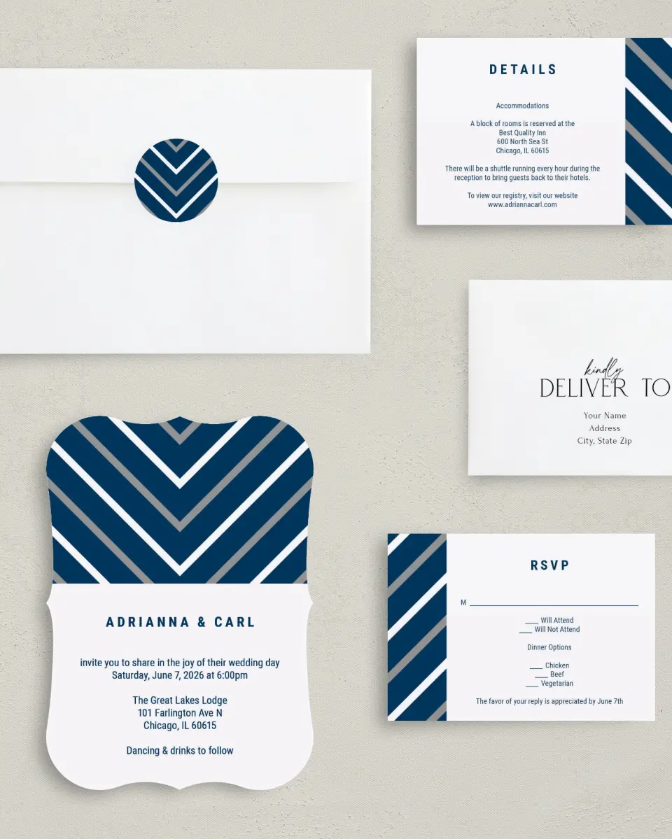 This is a 5" x 7" Bracket Wedding Invitation called Posh Chevron printed in full color with Silver foil on Luxe Satin (coated) paper