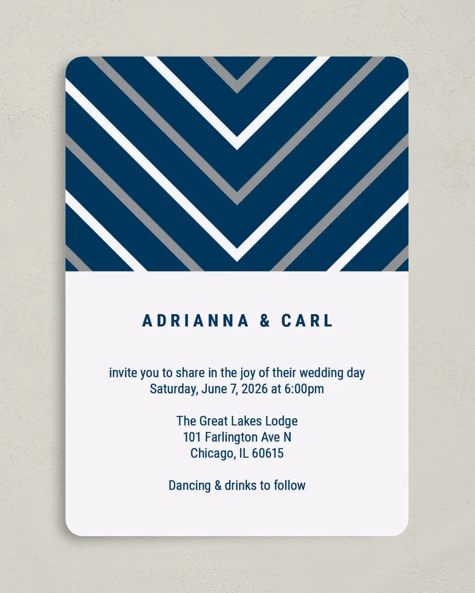 This is a 5" x 7" Rounded Wedding Invitation called Posh Chevron printed in full color on Premium Smooth paper