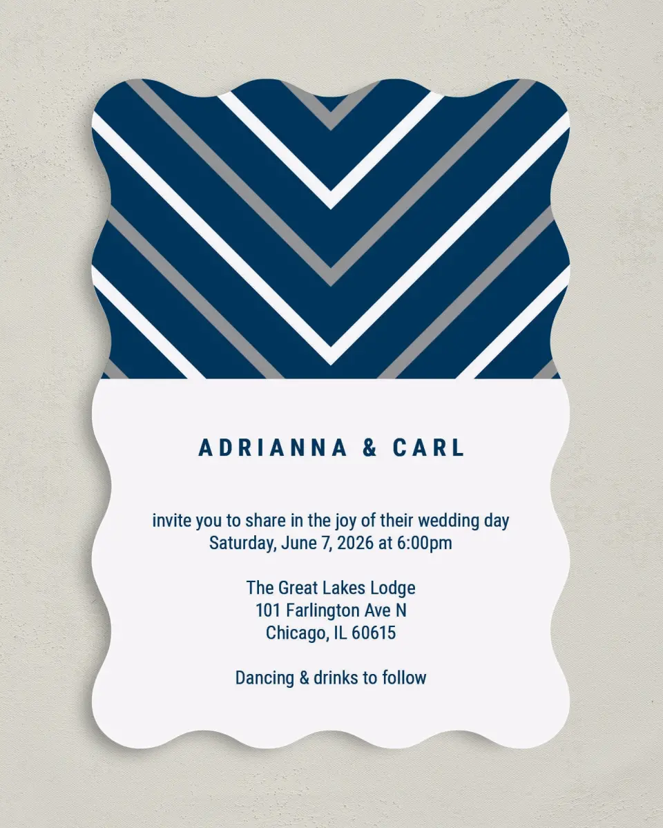 This is a 5" x 7" Wavy Wedding Invitation called Posh Chevron printed in full color on Premium Smooth paper