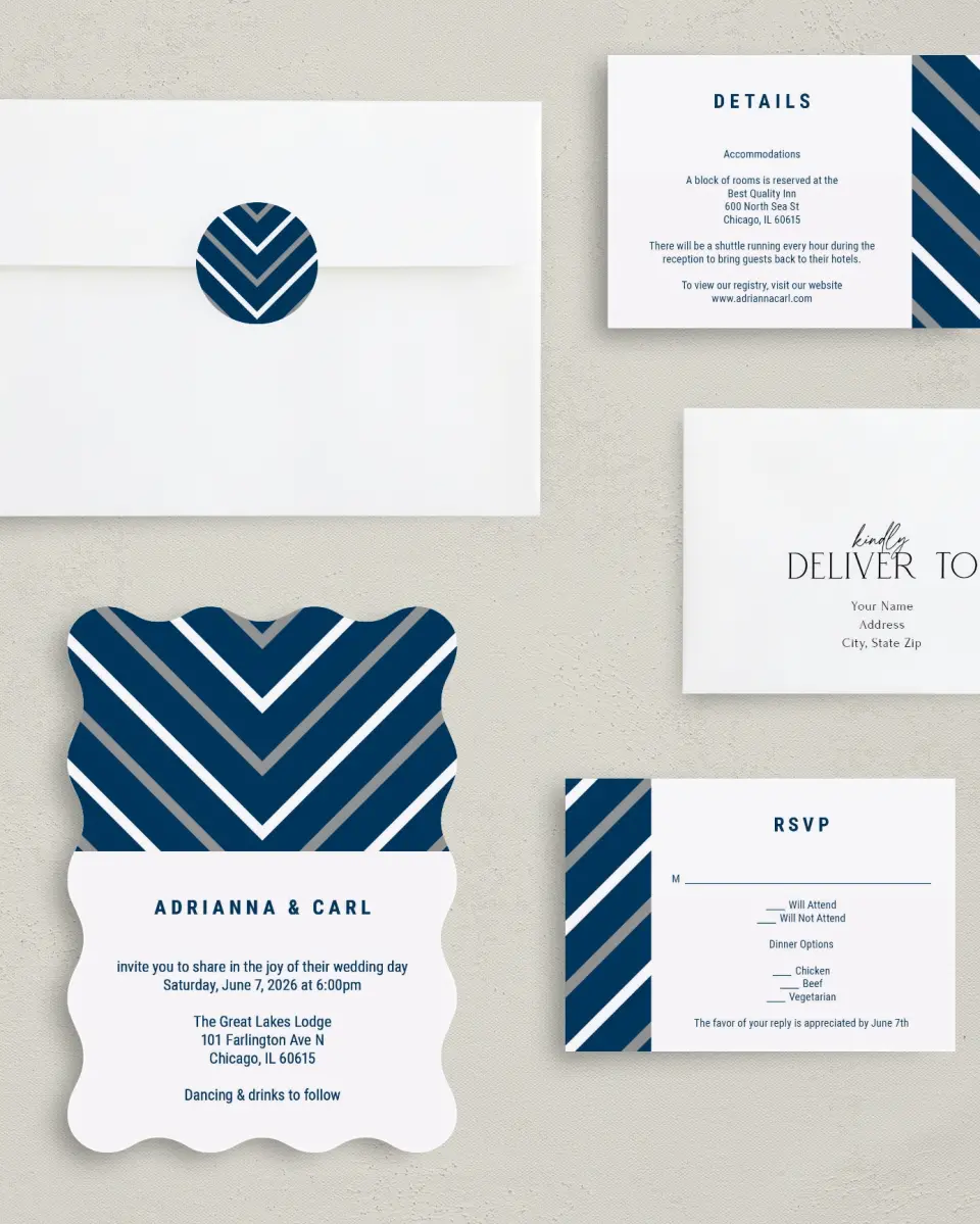 This is a 5" x 7" Wavy Wedding Invitation called Posh Chevron printed in full color with Silver foil on Luxe Satin (coated) paper