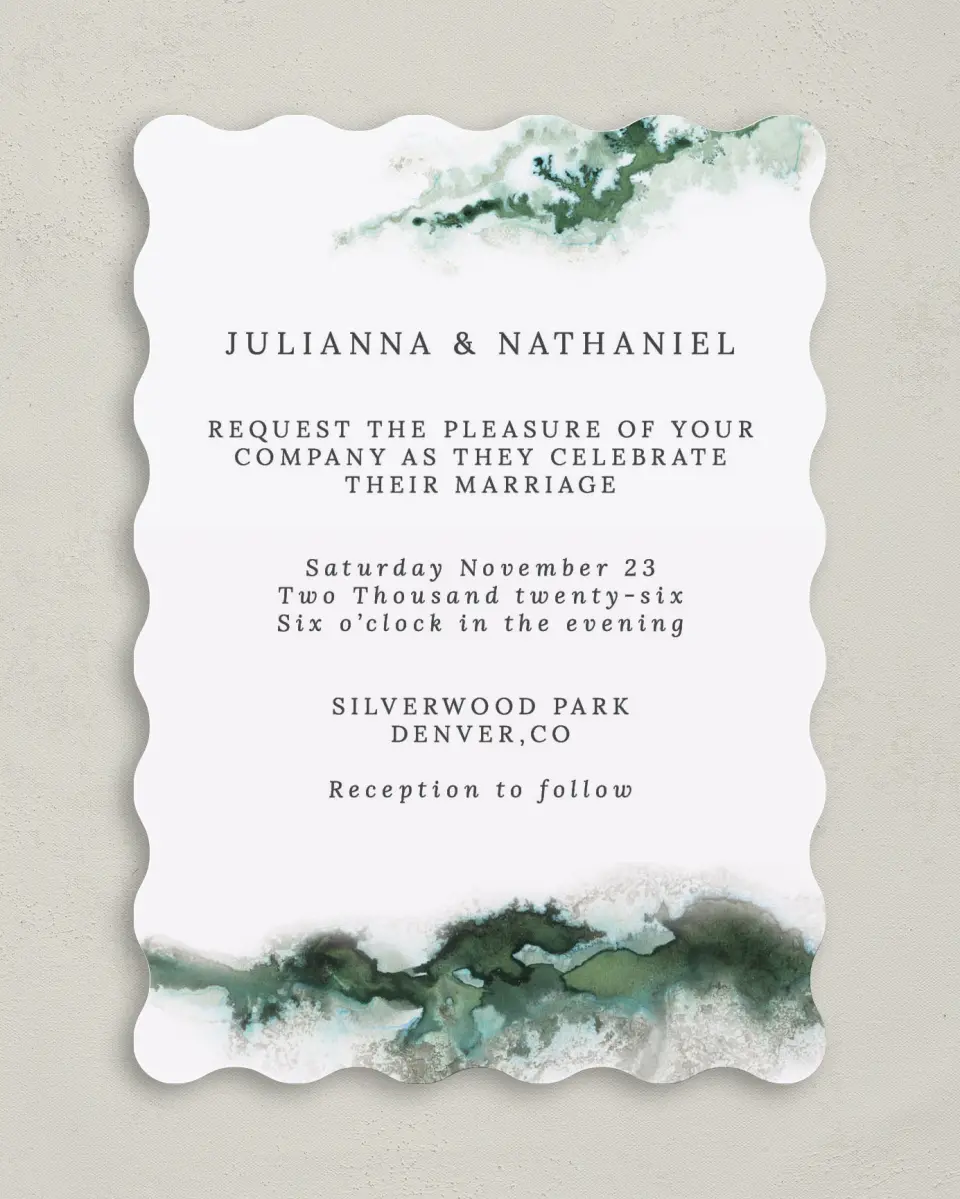 This is a 5" x 7" Wavy Wedding Invitation called Ethereal Pool printed in full color on Premium Smooth paper