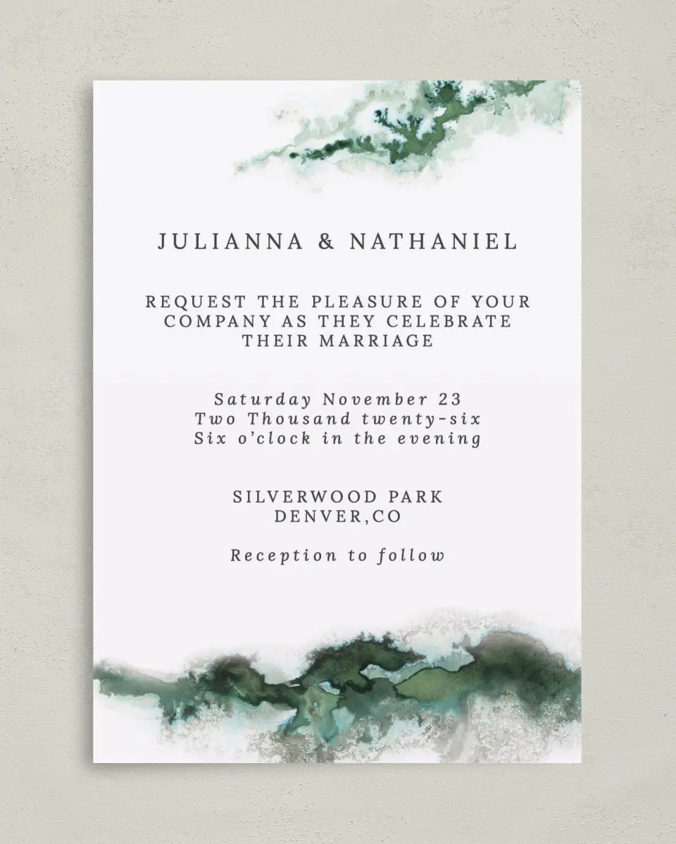 This is a 5" x 7" Classic Wedding Invitation called Ethereal Pool printed in full color on Premium Smooth paper