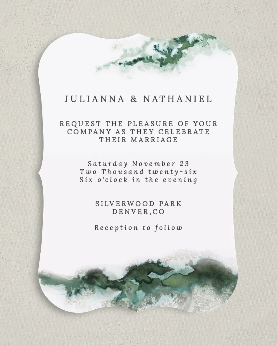 This is a 5" x 7" Bracket Wedding Invitation called Ethereal Pool printed in full color with Silver foil on Luxe Satin (coated) paper