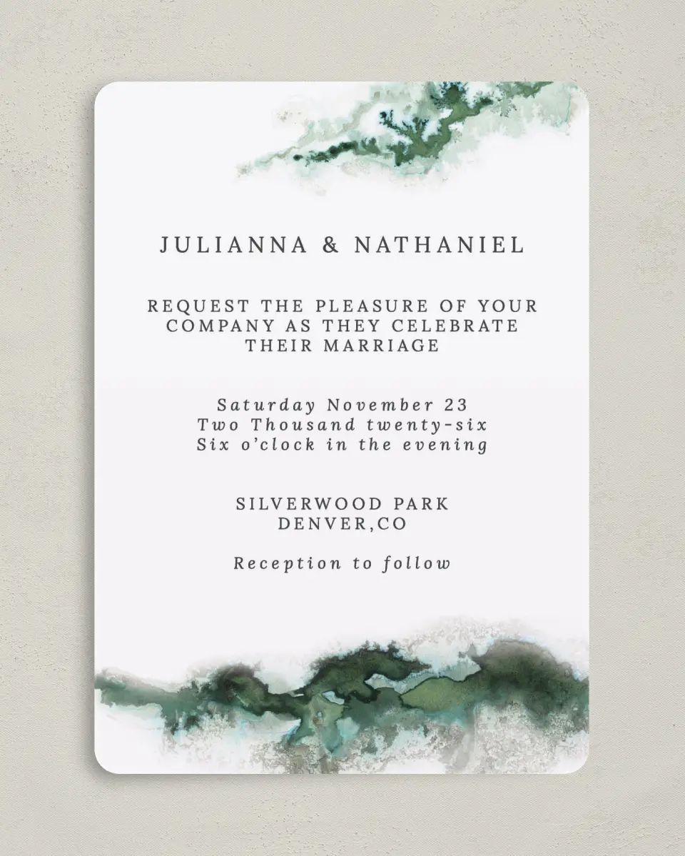 This is a 5" x 7" Rounded Wedding Invitation called Ethereal Pool printed in full color on Premium Smooth paper