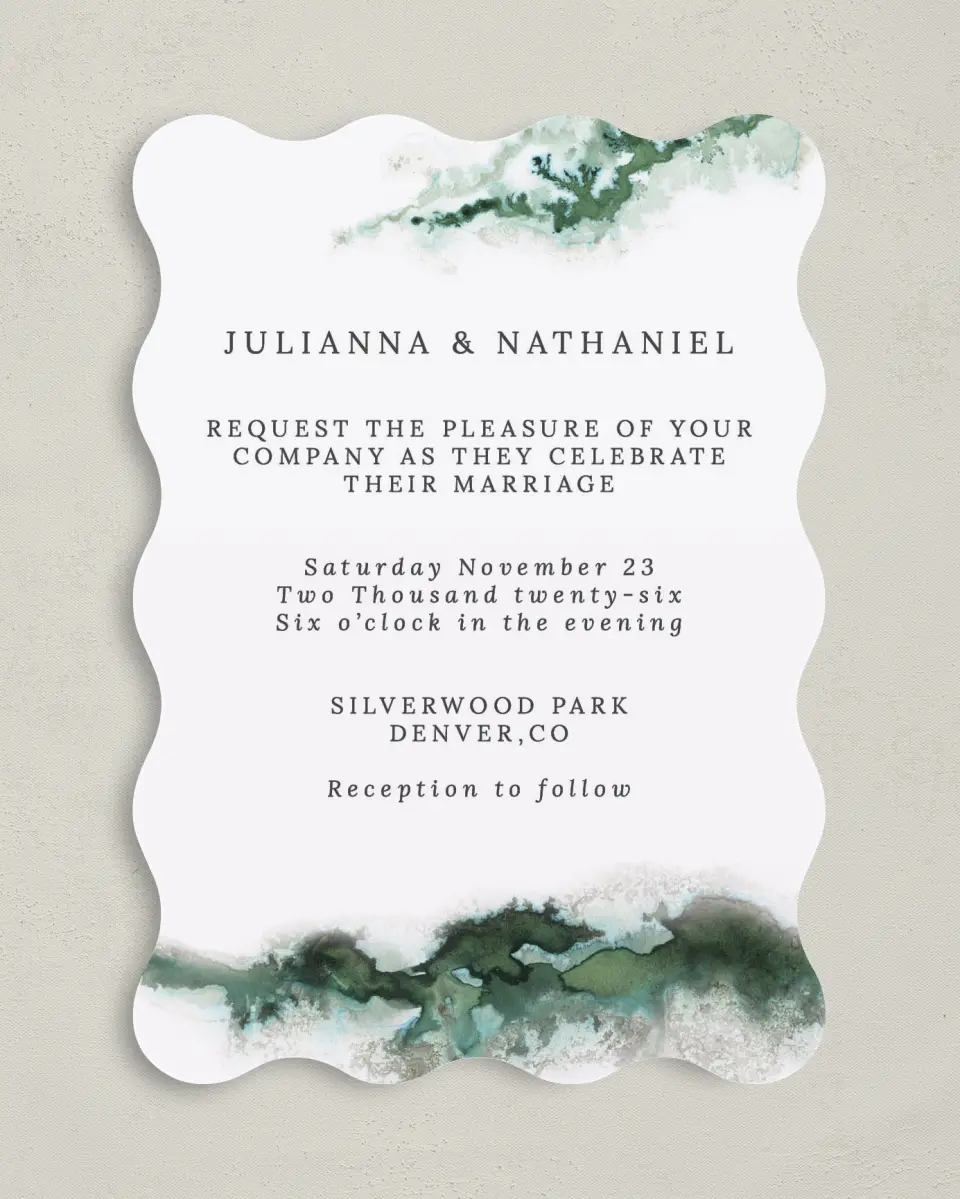 This is a 5" x 7" Wavy Wedding Invitation called Ethereal Pool printed in full color with Gold foil on Luxe Satin (coated) paper