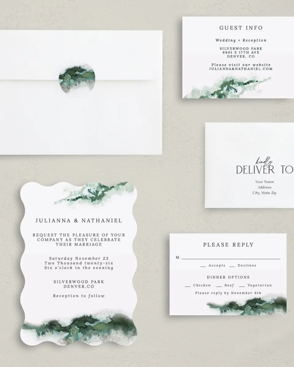This is a 5" x 7" Wavy Wedding Invitation called Ethereal Pool printed in full color with Gold foil on Luxe Satin (coated) paper