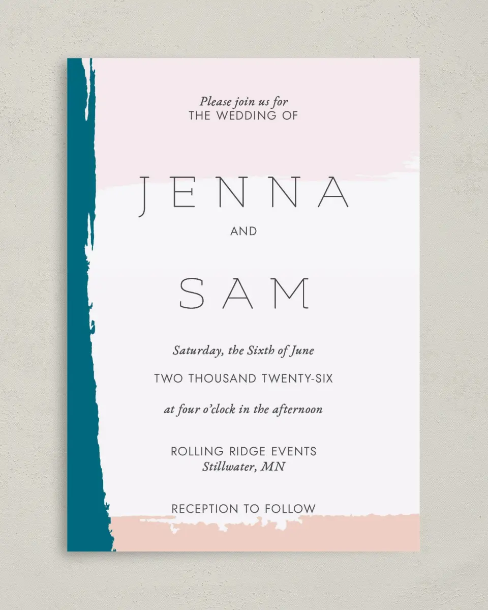 This is a 5" x 7" Classic Wedding Invitation called Bold Brushstrokes printed in full color with Gold foil on Luxe Satin (coated) paper