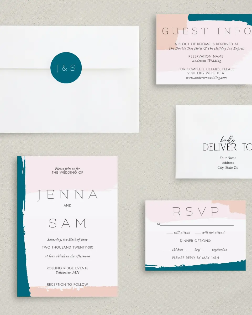 This is a 5" x 7" Classic Wedding Invitation called Bold Brushstrokes printed in full color with Gold foil on Luxe Satin (coated) paper