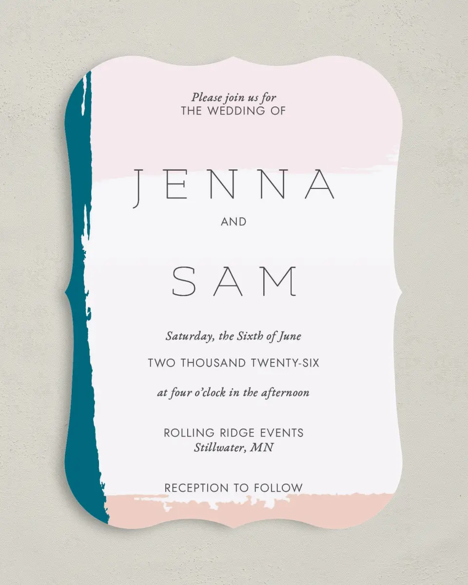 This is a 5" x 7" Bracket Wedding Invitation called Bold Brushstrokes printed in full color on Premium Smooth paper