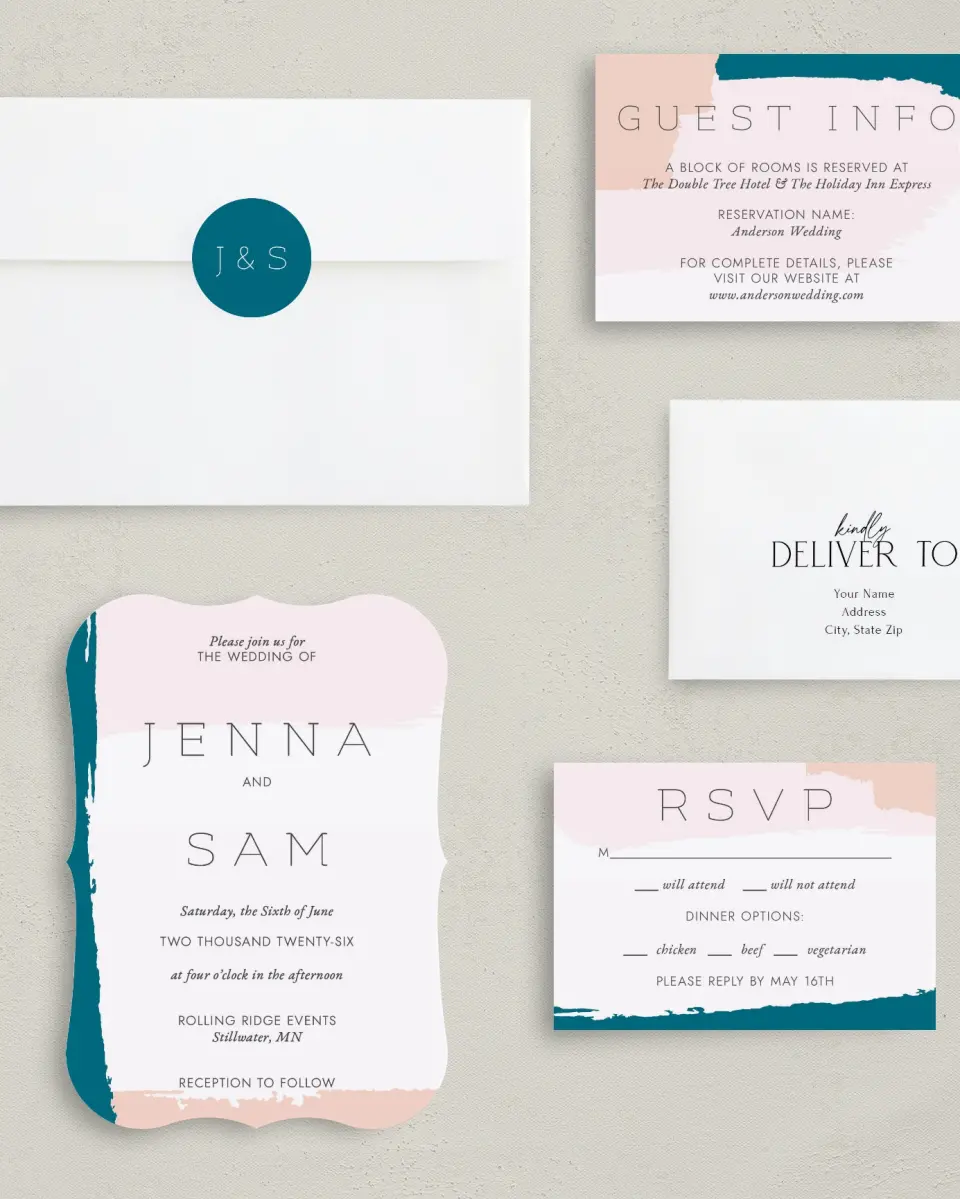 This is a 5" x 7" Bracket Wedding Invitation called Bold Brushstrokes printed in full color with Silver foil on Luxe Satin (coated) paper
