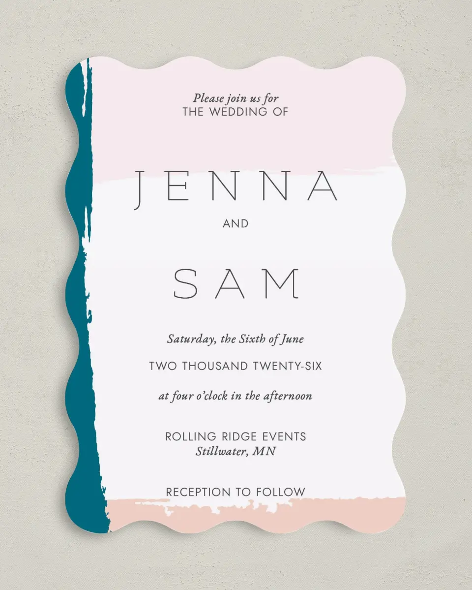 This is a 5" x 7" Wavy Wedding Invitation called Bold Brushstrokes printed in full color on Premium Smooth paper