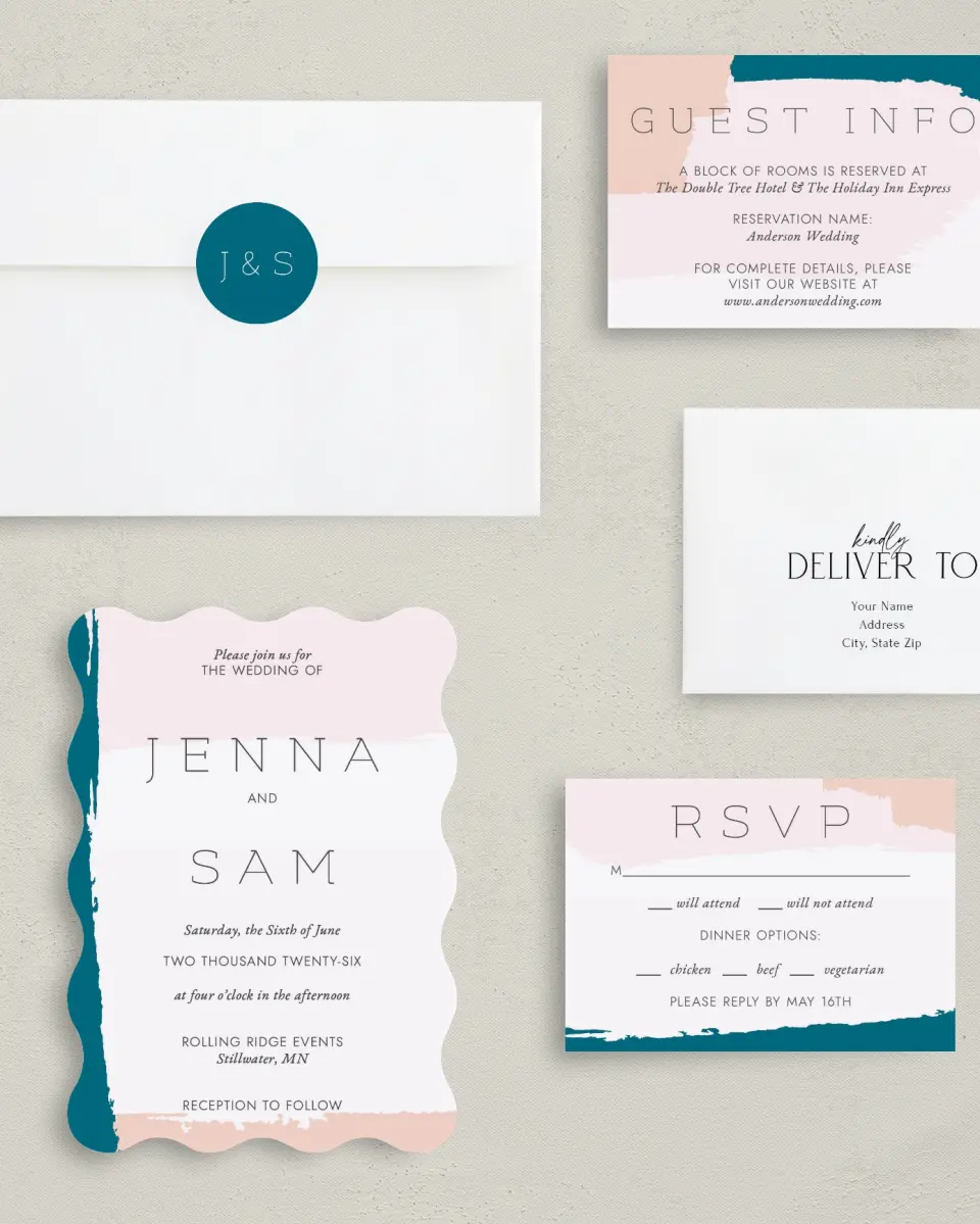 This is a 5" x 7" Wavy Wedding Invitation called Bold Brushstrokes printed in full color with Gold foil on Luxe Satin (coated) paper