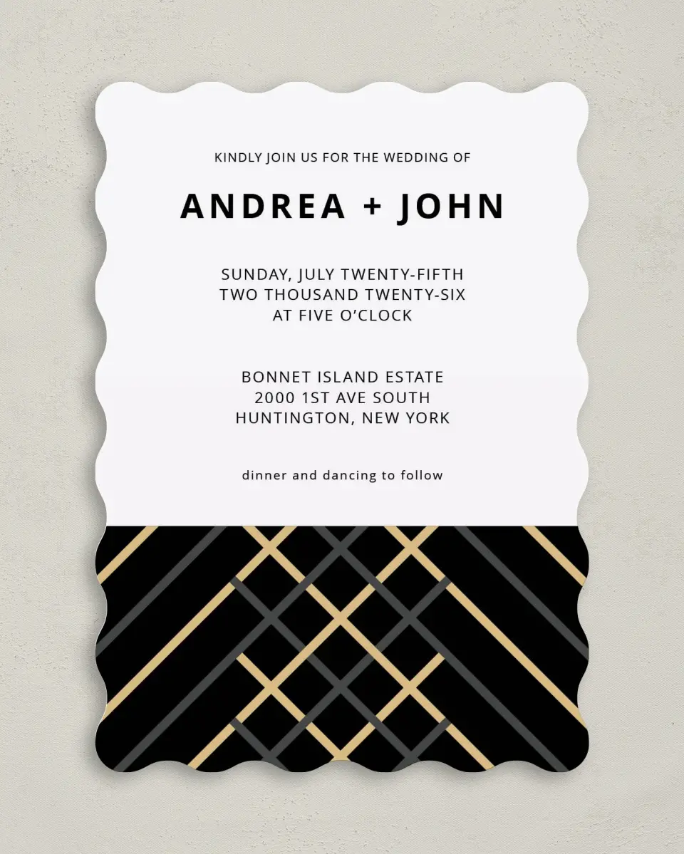 This is a 5" x 7" Wavy Wedding Invitation called Grandeur Shine printed in full color on Premium Smooth paper