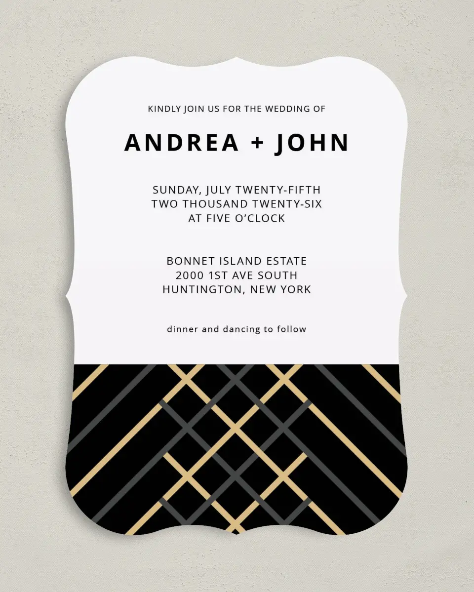 This is a 5" x 7" Bracket Wedding Invitation called Grandeur Shine printed in full color on Premium Smooth paper
