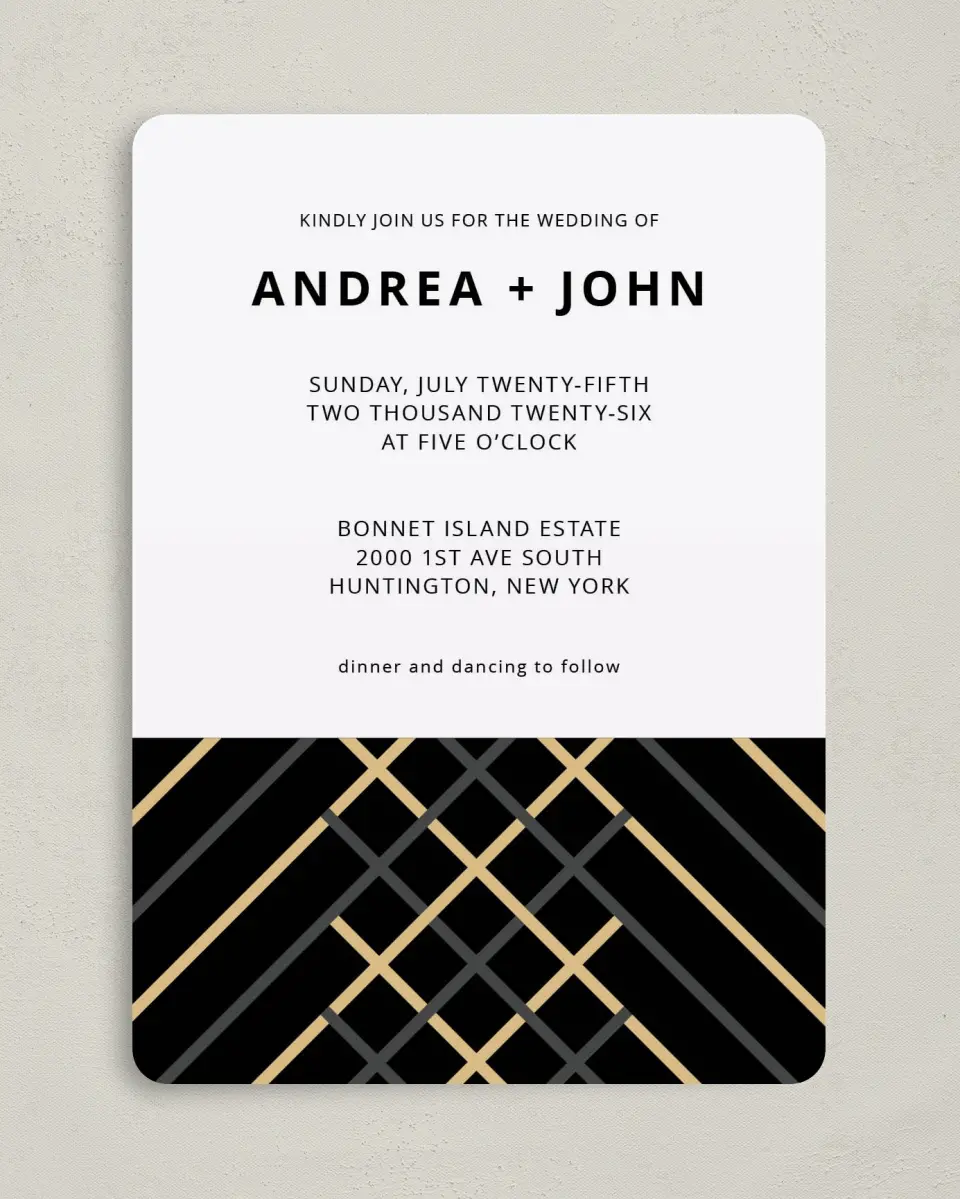 This is a 5" x 7" Rounded Wedding Invitation called Grandeur Shine printed in full color on Premium Smooth paper