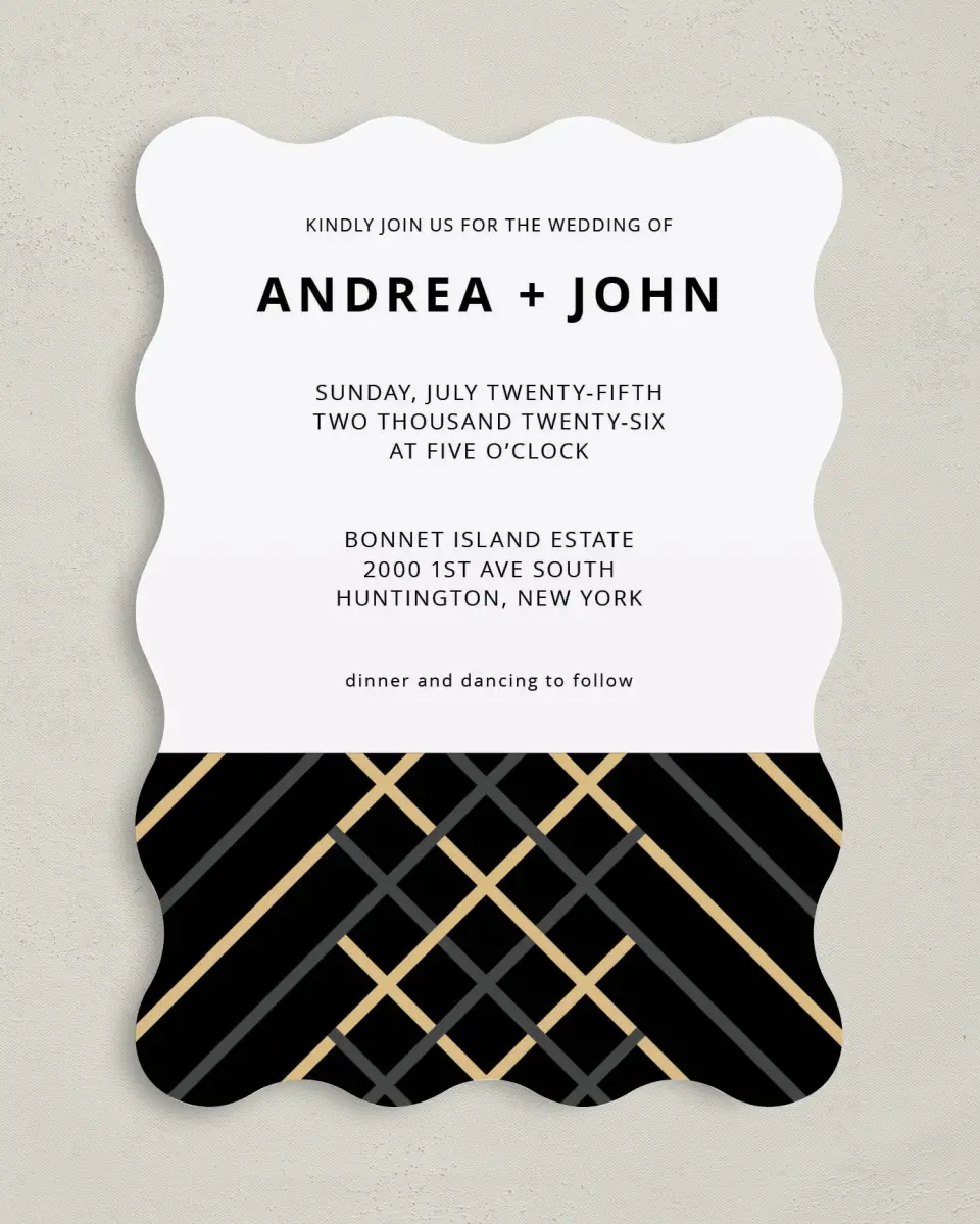 This is a 5" x 7" Wavy Wedding Invitation called Grandeur Shine printed in full color on Premium Smooth paper