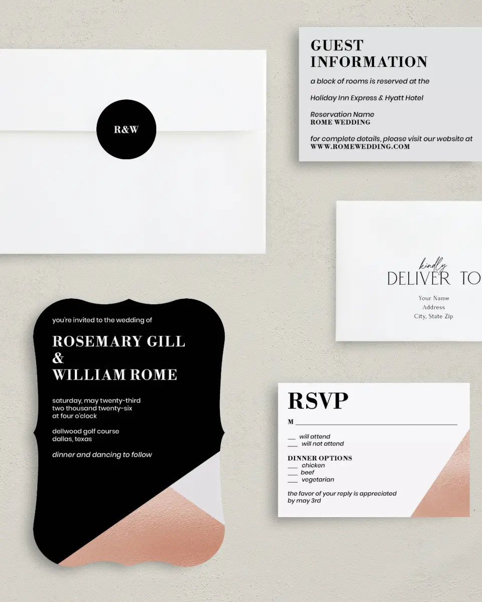 This is a 5" x 7" Bracket Wedding Invitation called Luster Opulence printed in full color with Silver foil on Luxe Satin (coated) paper