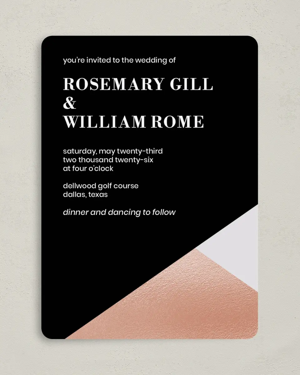 This is a 5" x 7" Rounded Wedding Invitation called Luster Opulence printed in full color on Premium Smooth paper