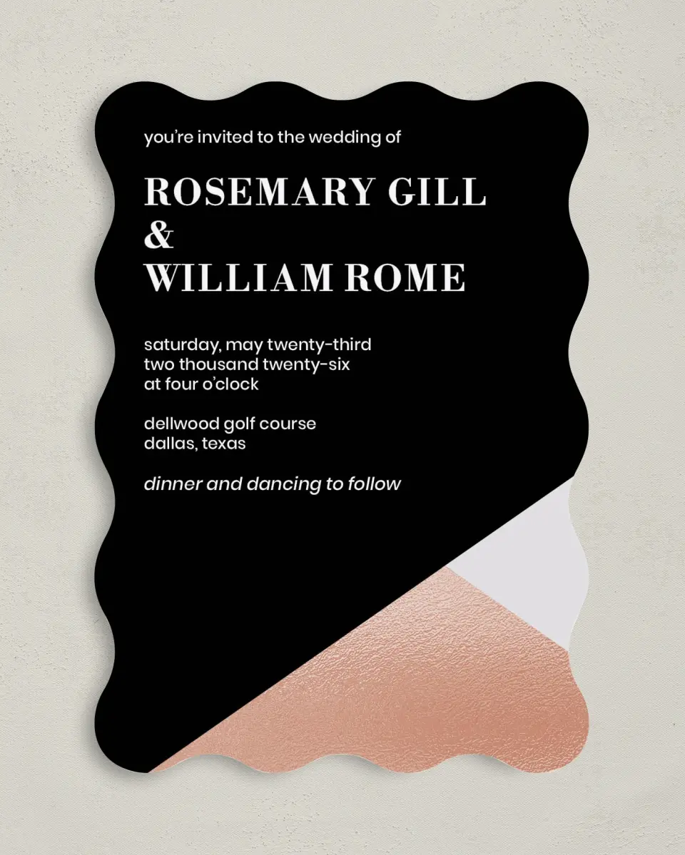 This is a 5" x 7" Wavy Wedding Invitation called Luster Opulence printed in full color on Premium Smooth paper