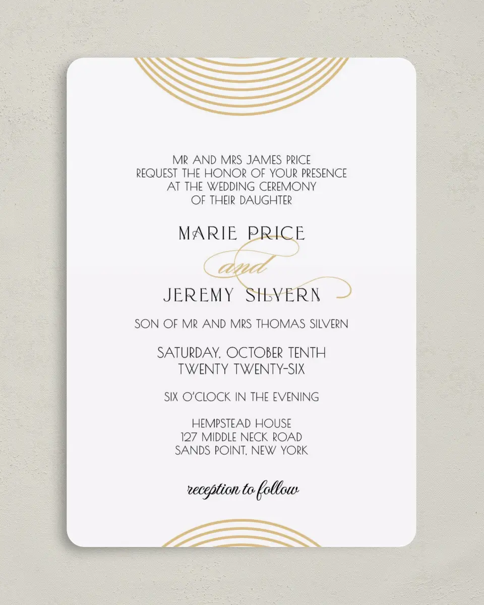 This is a 5" x 7" Rounded Wedding Invitation called Spectacular Romance printed in full color on Premium Smooth paper