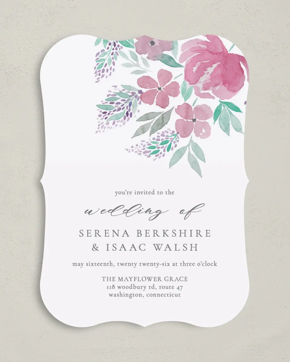 This is a 5" x 7" Bracket Wedding Invitation called Antique Splendor printed in full color on Premium Smooth paper