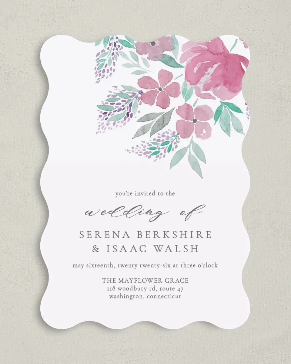 This is a 5" x 7" Wavy Wedding Invitation called Antique Splendor printed in full color on Premium Smooth paper