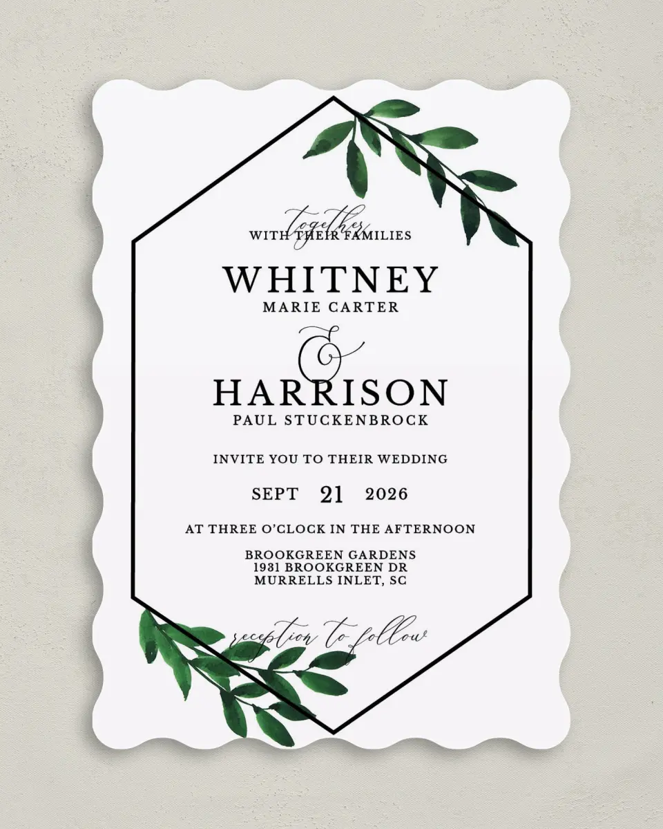 This is a 5" x 7" Wavy Wedding Invitation called Wispy Greenery printed in full color on Premium Smooth paper