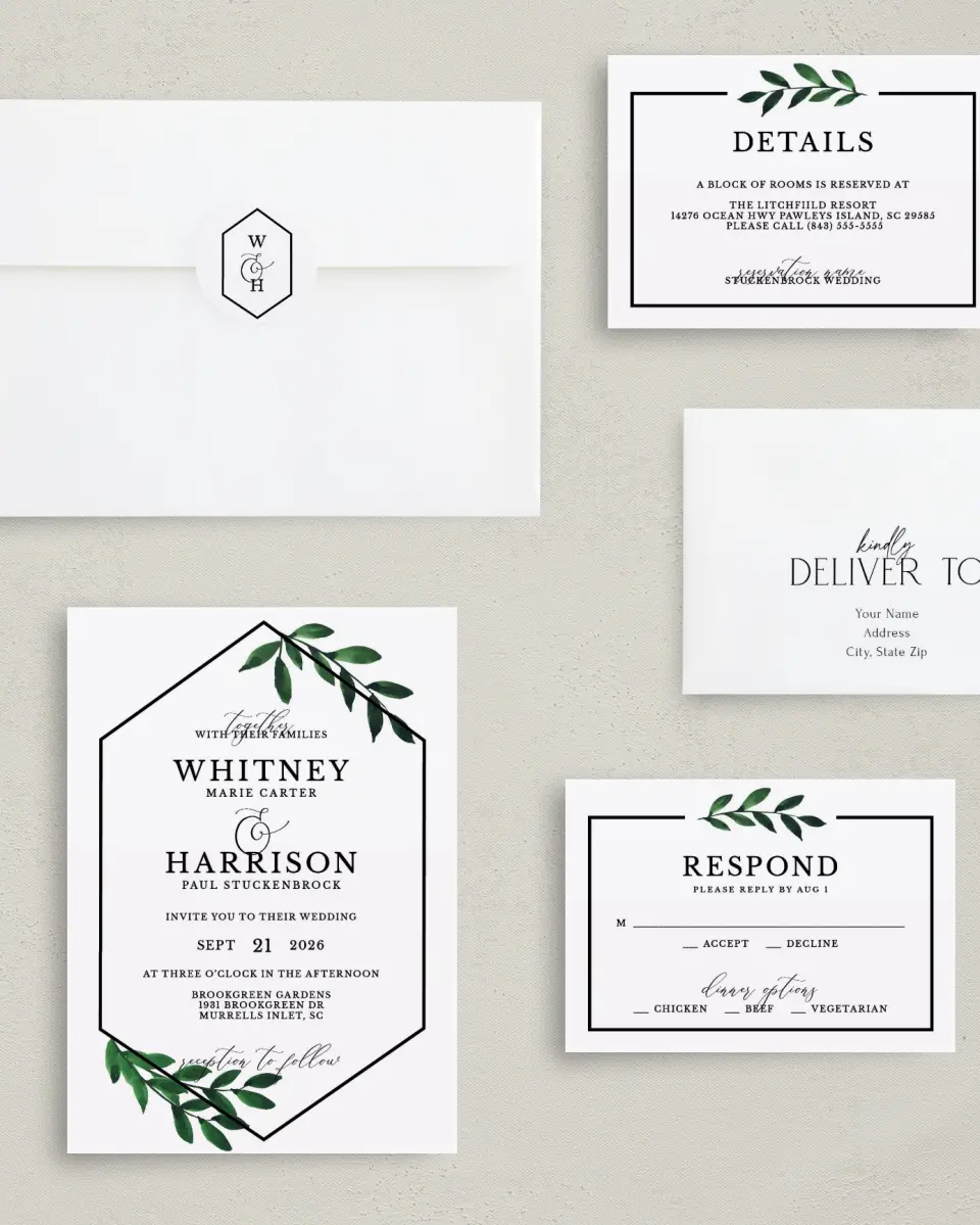 This is a 5" x 7" Classic Wedding Invitation called Wispy Greenery printed in full color with Gold foil on Luxe Satin (coated) paper