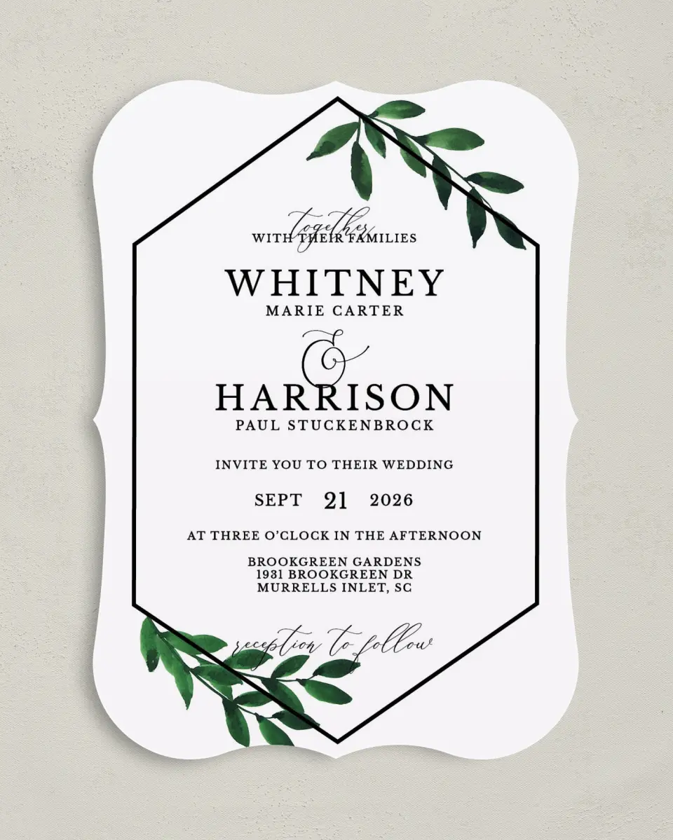 This is a 5" x 7" Bracket Wedding Invitation called Wispy Greenery printed in full color with Silver foil on Luxe Satin (coated) paper
