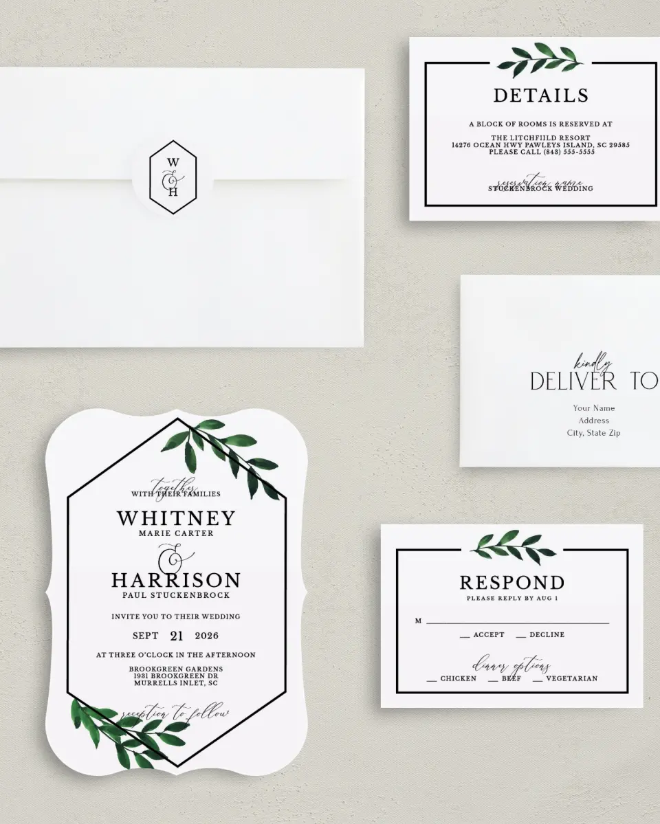 This is a 5" x 7" Bracket Wedding Invitation called Wispy Greenery printed in full color with Silver foil on Luxe Satin (coated) paper