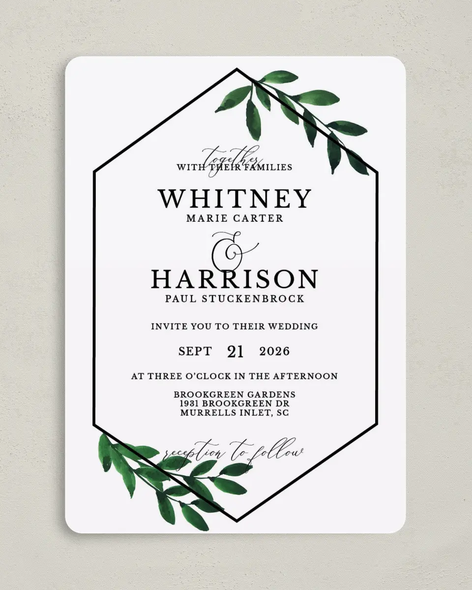 This is a 5" x 7" Rounded Wedding Invitation called Wispy Greenery printed in full color on Premium Smooth paper