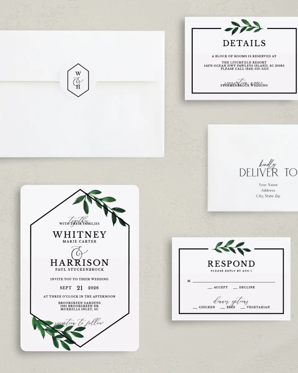 This is a 5" x 7" Rounded Wedding Invitation called Wispy Greenery printed in full color with Rose Gold foil on Luxe Satin (coated) paper