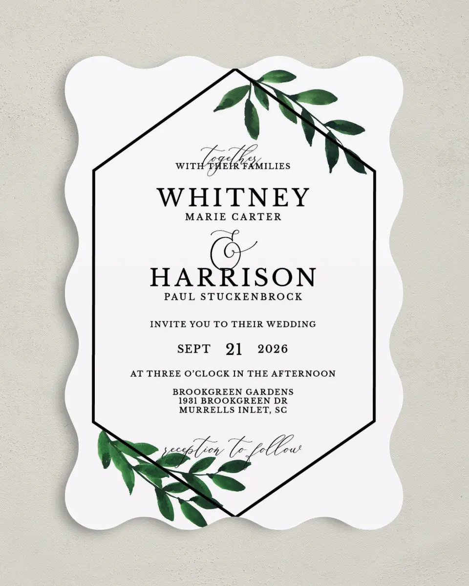 This is a 5" x 7" Wavy Wedding Invitation called Wispy Greenery printed in full color on Premium Smooth paper
