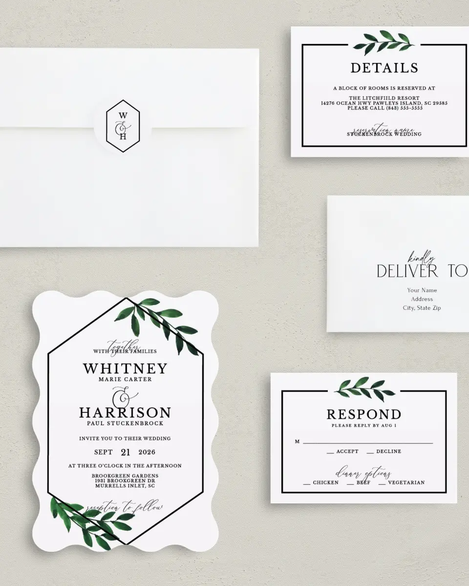This is a 5" x 7" Wavy Wedding Invitation called Wispy Greenery printed in full color with Gold foil on Luxe Satin (coated) paper