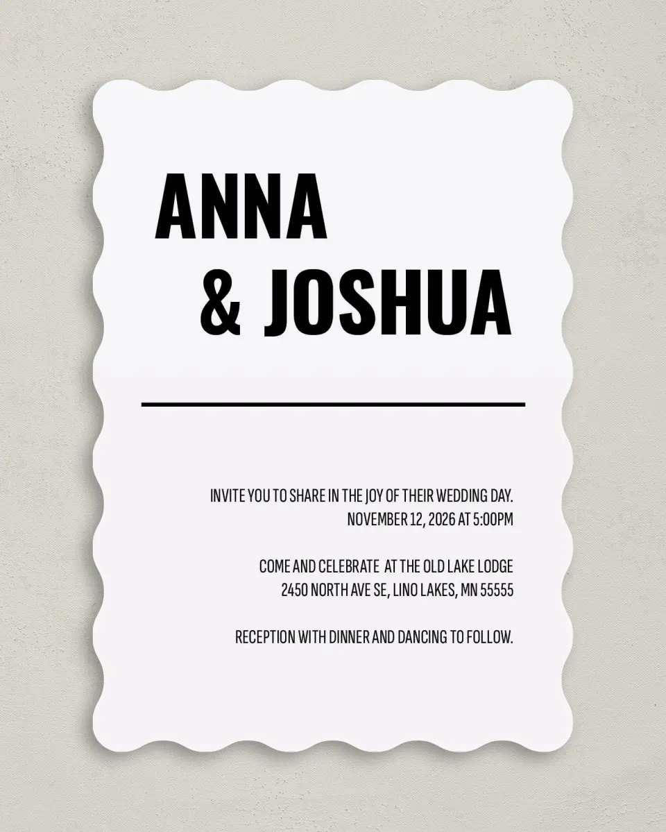 This is a 5" x 7" Wavy Wedding Invitation called Stunning Symmetry printed in full color on Premium Smooth paper