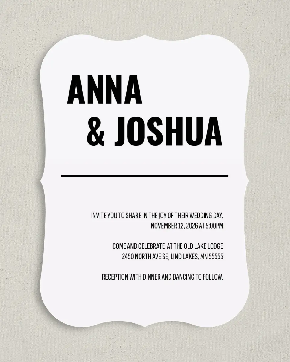 This is a 5" x 7" Bracket Wedding Invitation called Stunning Symmetry printed in full color on Premium Smooth paper