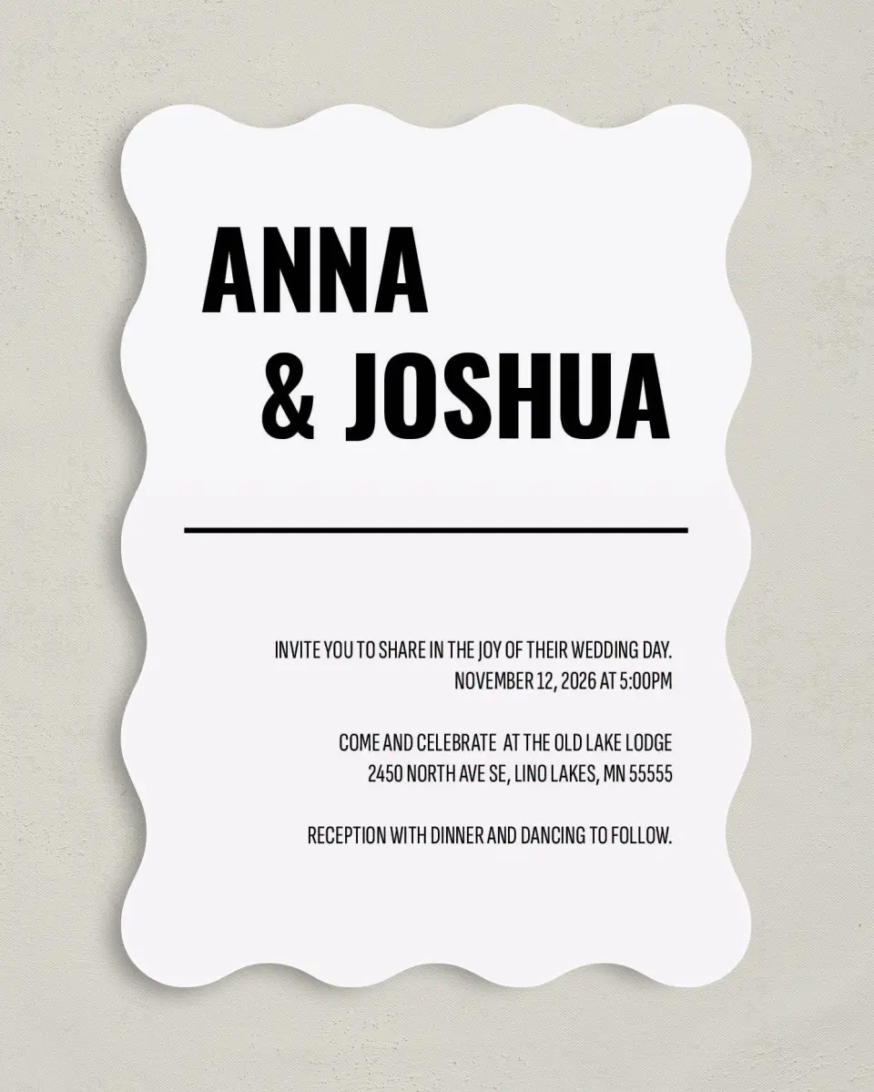 This is a 5" x 7" Wavy Wedding Invitation called Stunning Symmetry printed in full color on Premium Smooth paper