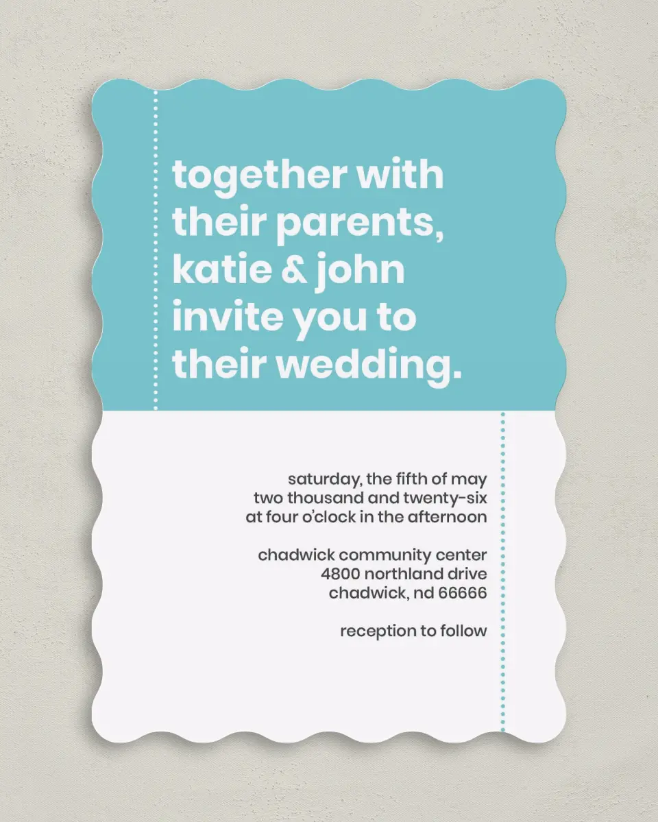 This is a 5" x 7" Wavy Wedding Invitation called Mod Blocks printed in full color on Premium Smooth paper