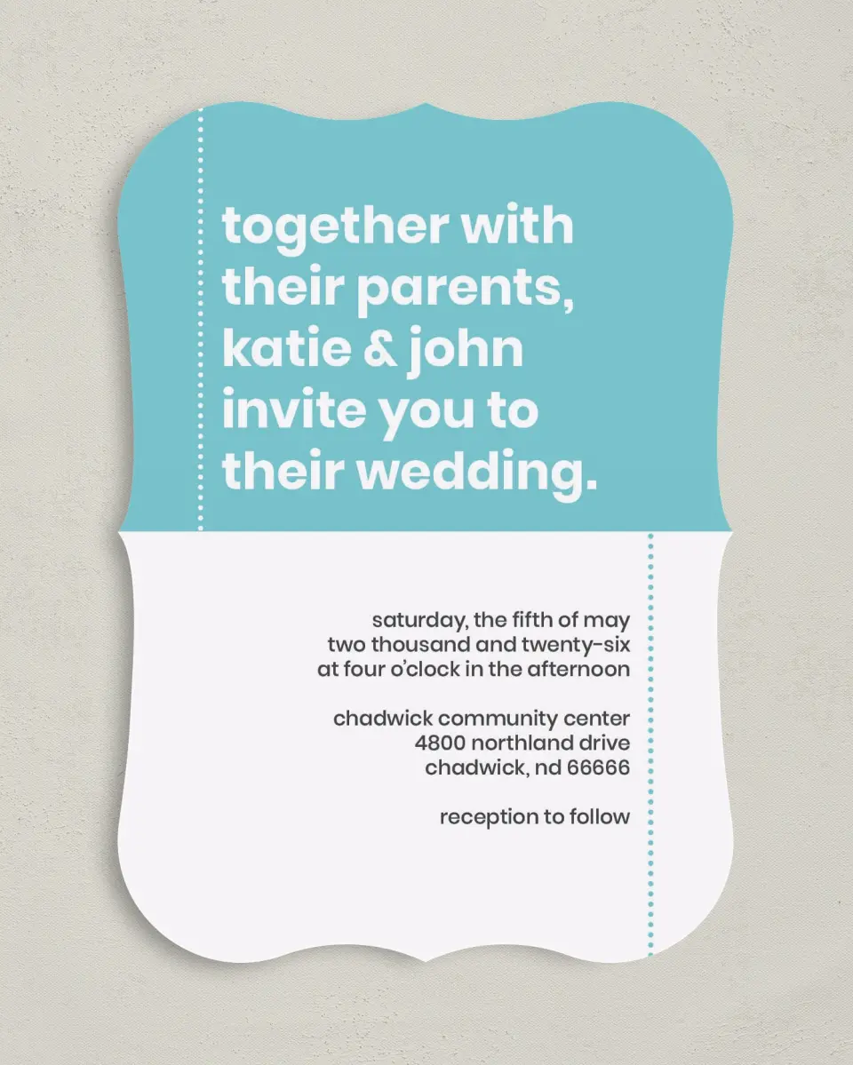 This is a 5" x 7" Bracket Wedding Invitation called Mod Blocks printed in full color on Premium Smooth paper