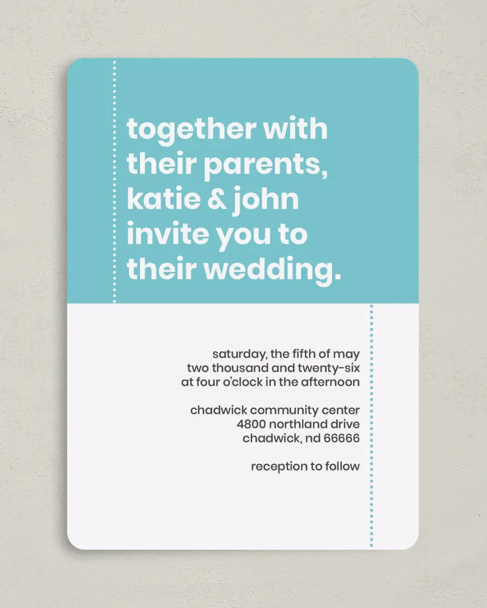 This is a 5" x 7" Rounded Wedding Invitation called Mod Blocks printed in full color on Premium Smooth paper