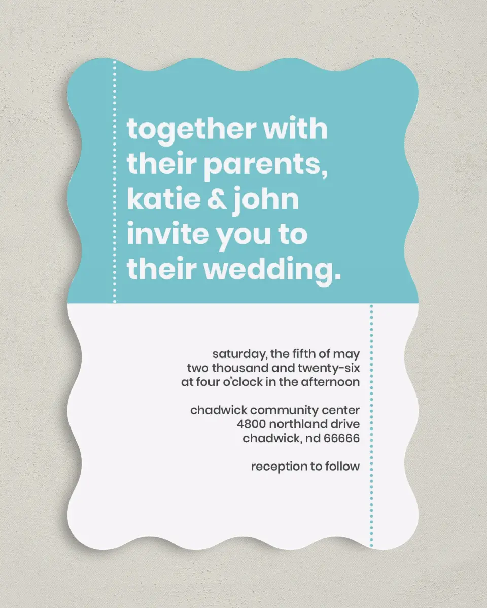 This is a 5" x 7" Wavy Wedding Invitation called Mod Blocks printed in full color on Premium Smooth paper