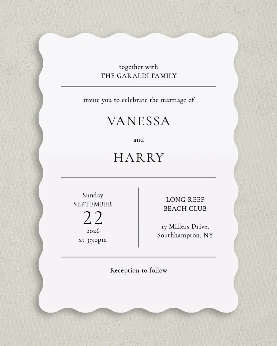 This is a 5" x 7" Wavy Wedding Invitation called Lovely Blush printed in full color on Premium Smooth paper
