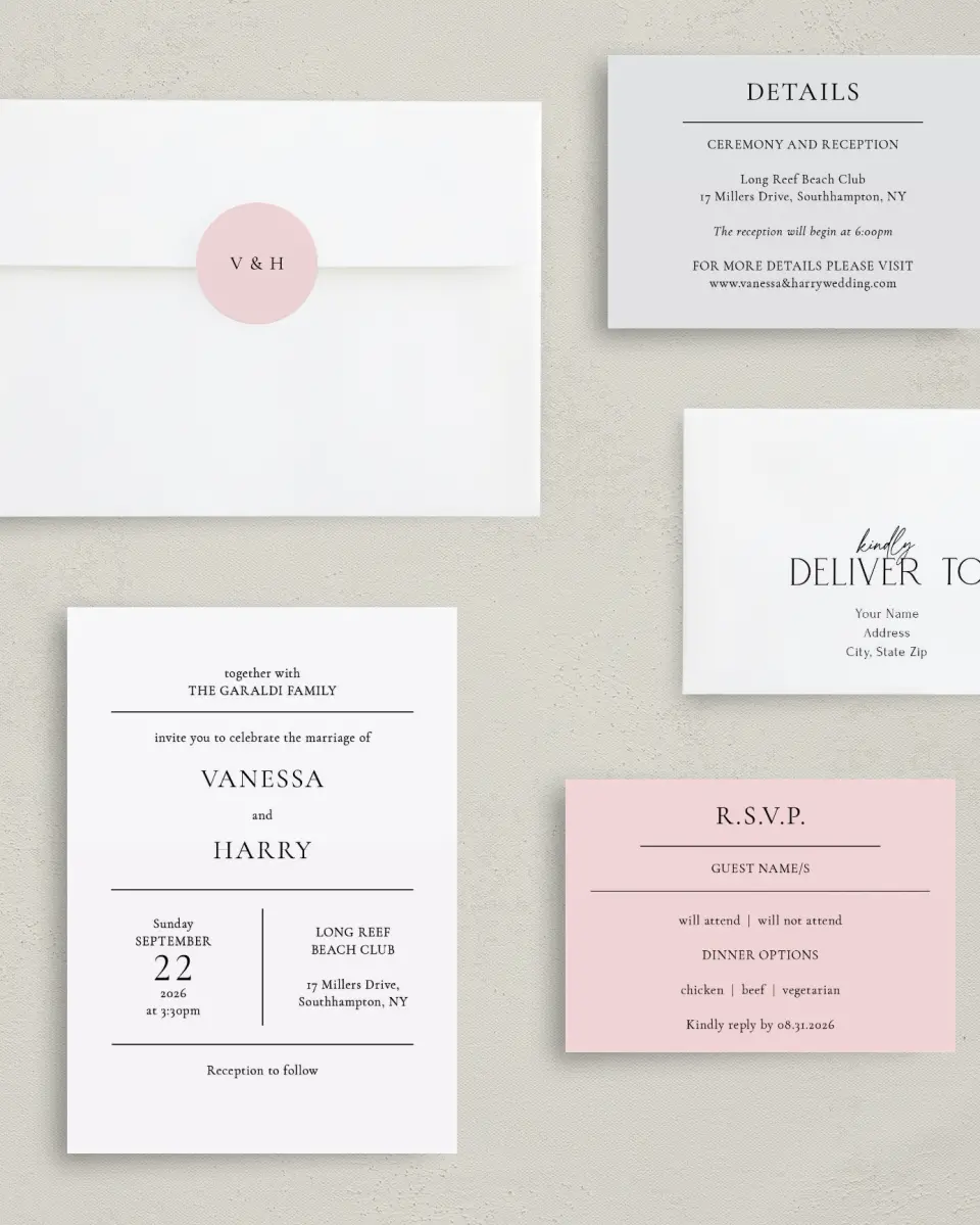 This is a 5" x 7" Classic Wedding Invitation called Lovely Blush printed in full color on Premium Smooth paper