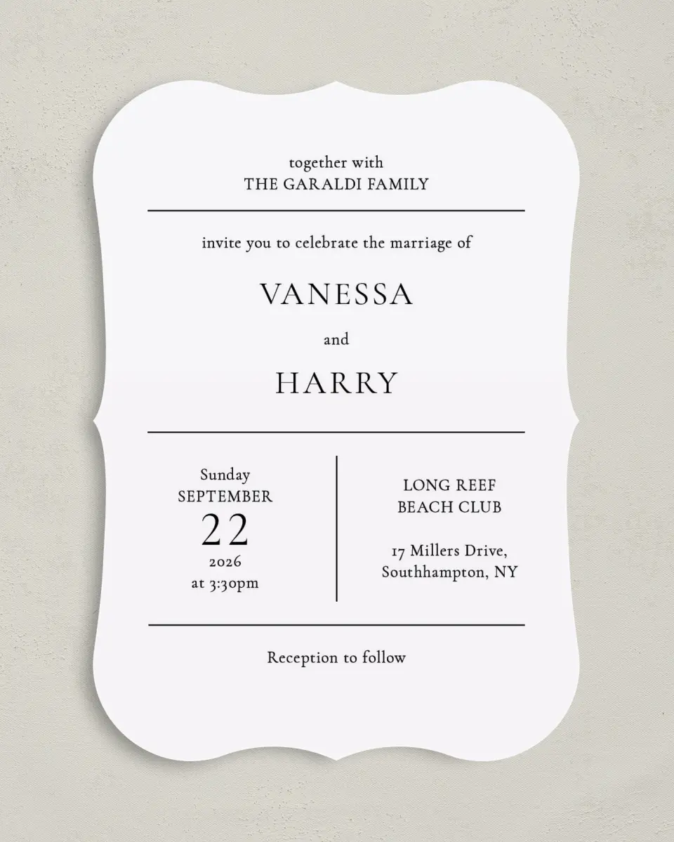 This is a 5" x 7" Bracket Wedding Invitation called Lovely Blush printed in full color on Premium Smooth paper